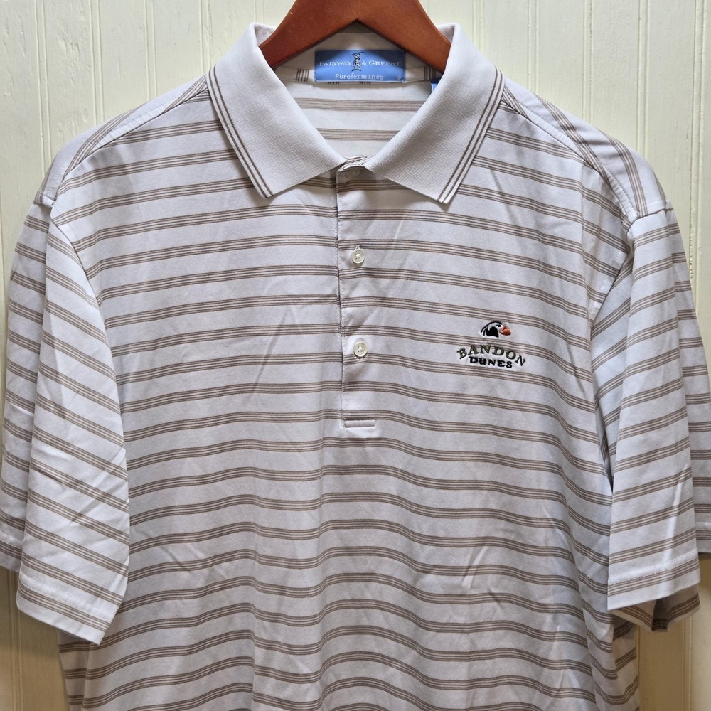 Fairway & Greene Bandon Dunes Golf Polo Shirt Mens M White Striped Short Sleeve